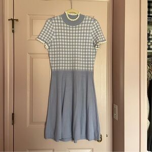 1901 Nordstrom mock neck Blue Gingham Knit Fit-and-Flare Dress size M